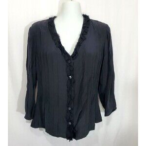Doncaster Collection Top Womens 6 Black Silk Button Front 3/4 Sleeve Pleats